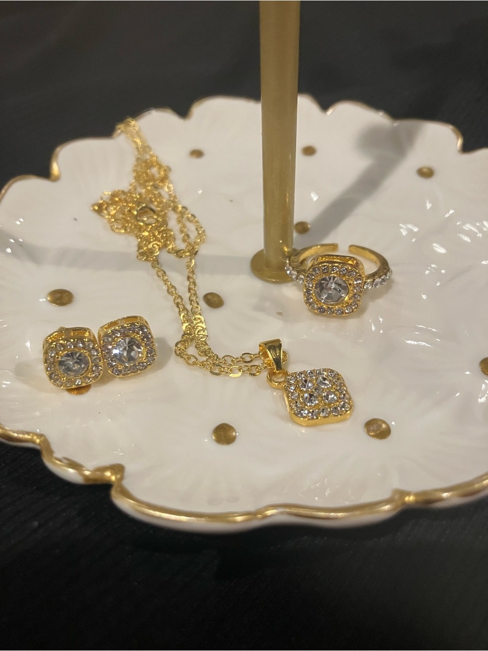 Gold-Tone Cubic Zirconia Pendant Necklace, Ring & Stud Earrings Set